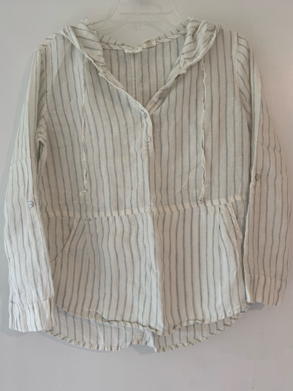 100% Linen Striped Hoodie Tunic Top - Cream with Light Blue Stripes